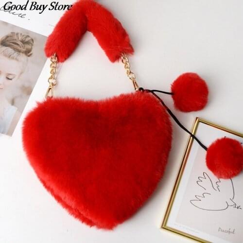 Faux Fur Purses Heart Shape Fashion Totes Handbag Soft Underarm Shoulder Bags Winter Spring Hand Warmer Clutch Handbags Women