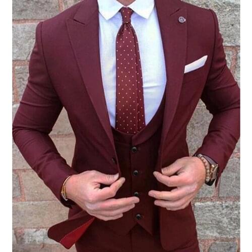 2020 Spring (Jacket+Pant +vest)Burgundy Mens Suits Groom Wear Tuxedos 3 Piece Wedding Suits Groomsmen Formal Suit For Men