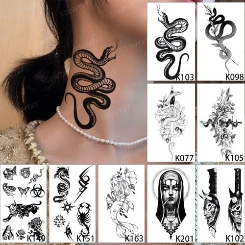 9pc Waterproof Temporary Tattoo Stickers Black Snake Flower Sword Demon Nun Flash Tatto Woman Old School Body Art Fake Tatoo Man