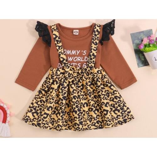 Little Girl’s Skirt Two Pieces Suit Fashion Letter Long Sleeve Tops and Leopard Suspender Skirt
