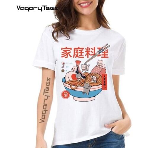 2021 womens Summer T-shirt Japanese Ramen and Mini Cats Print Short Sleeve T Shirts Harajuku Hip Hop Casual Streetwear Tee Shirt