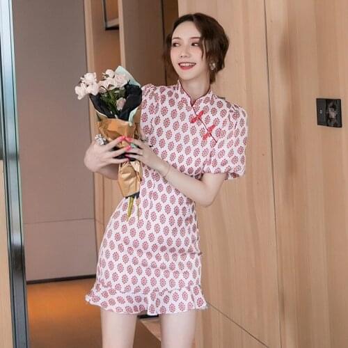 Women Dresses Pink Print Bodycon Bandage Summer Dress Elegant Cheongsam Sundress Slim Party Sexy Mini Mermaid Chinese Clothes