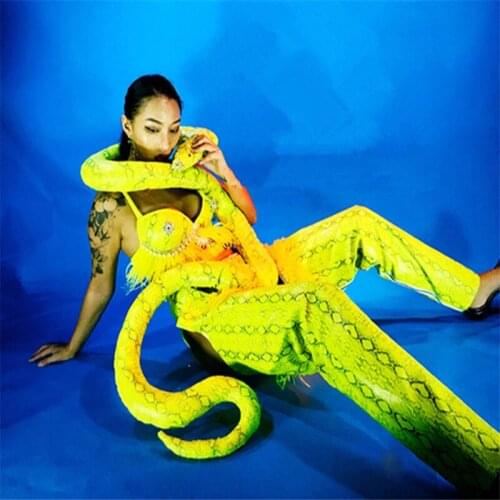 K62 Ballroom dance luminous green female bodysuit stage models wears outfit dj dresses snake prom costumes party clothe bar sexy