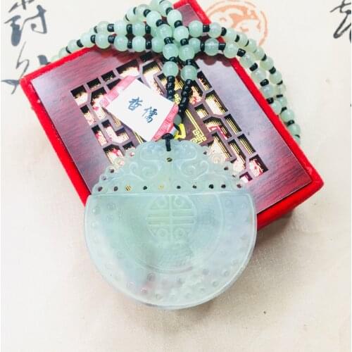 Zheru natural soft jade ice through hollow retro round Fushou pendant with jade bead necklace men and women sweater chain