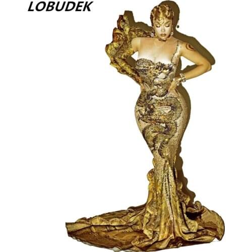 Gold Rhinestones Dragon Pattern Trailing Floor-length Mermaid Dress Women Evening Party Singer Host Model Catwalk Stage Costume