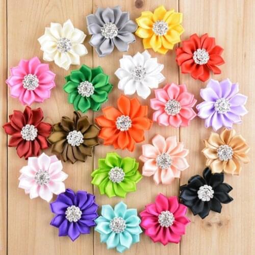 20pcs/lot 2" Kids Girls Boutique Accessories Multilayer Satin Flower With Rhinestone Center Kids Hair Flowers Fabric Flower DIY