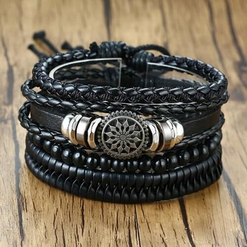 Modyle 4pcs/ set Adjustable Leather Bracelets for Men Braided Black Brown Bangle Life Tree Leaf Rudder Charm Bracelet Gift