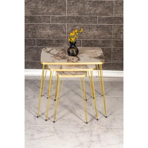 3'lü Zigon Coffee Table Decorative Luxury Gold White Marble pattern mdf Metal Foot