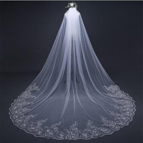 New White Ivory 3M Long Bridal Wedding Veil One Layer Lace Appliques With Comb Cathedral Brides Headpiece