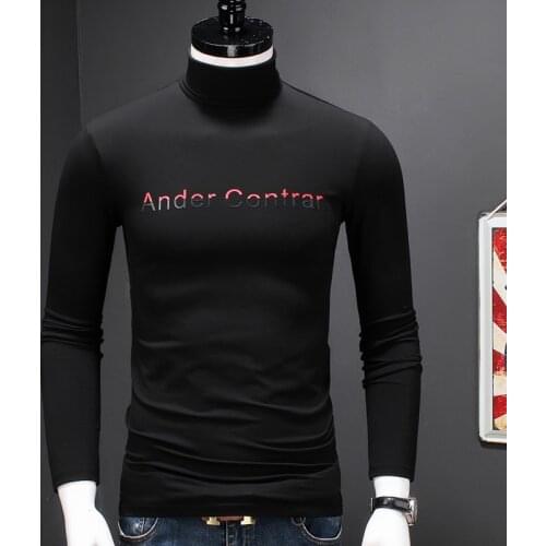 Men Letter Printed Turtleneck Long Sleeve T-shirt Fashion Black Tshirt Men Stretch Cotton Modal T Shirt Autumn Winter Clothing