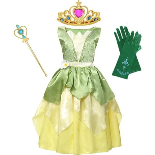 Princess Costume Tiana Dress Up Fancy Clothing Kids Christmas Party Role Playing Frocks Toddler Girl Sleeve Fairy Prom Gown