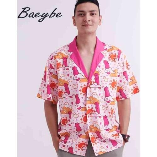 2021 Man Homeware Dress Woman Hawaiian Shirt Short Sleeve Top Clothing Male&Female Streetwear Unisex Couple Pink Cat Print Shir
