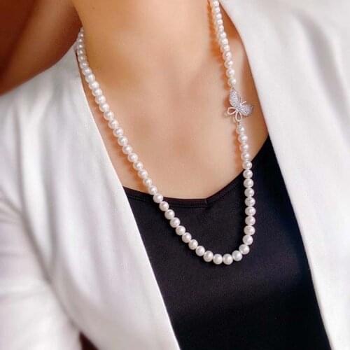 Natural Pearl Necklace For Women,Real Freshwater Pearl Long Necklace Fashion Butterfly Necklace Chain