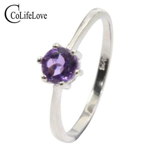 Simple silver gemstone ring for engagement 6 mm round natural amethyst ring solid 925 silver amethyst jewelry for woman