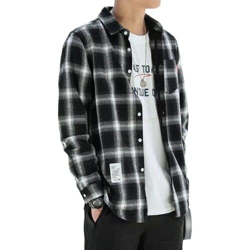 Gridded shirt mens long-sleeved spring/autumn lined clothes mens couple trend Korean version casual ins coat