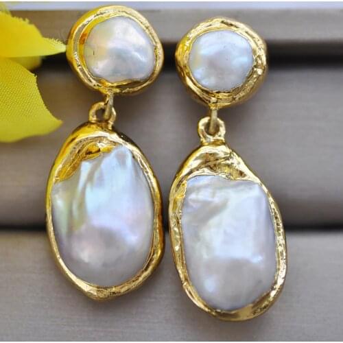 Z10237 27mm White Baroque Keshi Pearl gold-plating Dangle Earring