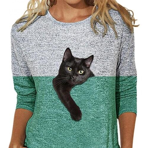 Womens T shirt Casual Women Autumn Long Sleeve O Neck T-shirt Color Block Cats Print womens Tshirt Color Block Cats Print Tops