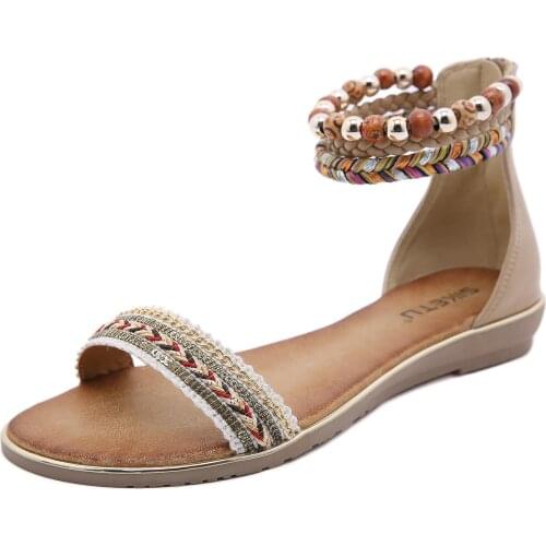 2021 Summer Roman Fashion Sandals Bohemian Beaded Retro Ethnic Large Size Flat Heel Women Sandals Ladies Ankle Strap Party Shoes