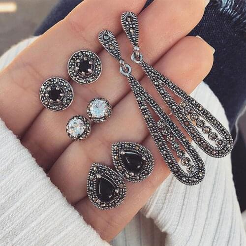 4Pairs Bohemian Women Cubic Zirconia Round Drop Ear Studs Linear Earrings Set