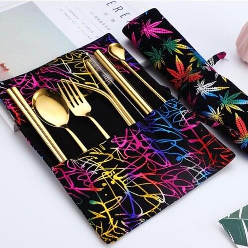 9 PCS/ Lot 304 Stainless Steel Knife Fork Spoon Chopstick Set Creative Dringking Straw Portable Outdoor Tableware Suit