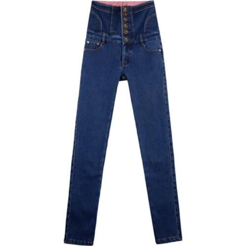 Free shipping womens 2019 winter new plus velvet thickening pencil jeans large size Slim stretch high waist pants