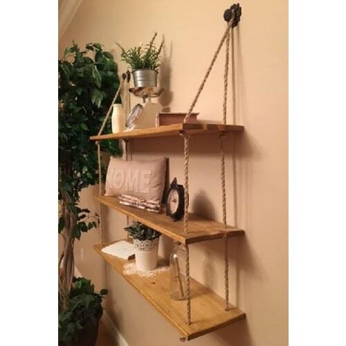 Wooden Decorative Design 3 Layer 100 Pine wood Rope Shelf Bookcase Accessories Rack, Parterre, Bookcase