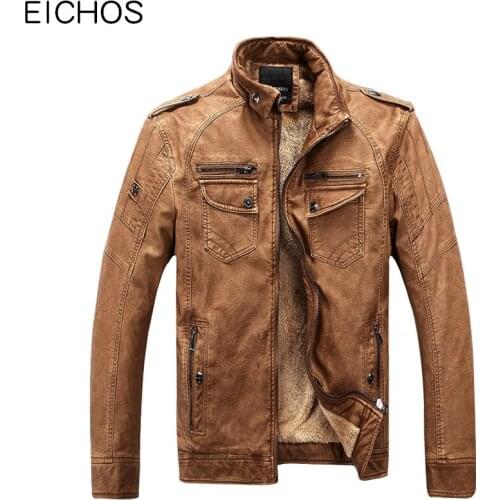 EICHOS Winter Leather Jacket Men Faux Fleece Warm Thick Motorcycle Coat Male Classic Wash Mens Pu Leather Jackets High Quality