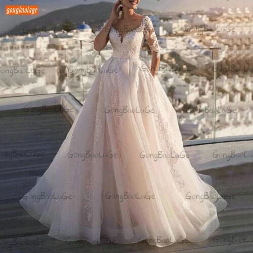 Exqusite Beach Wedding Gown 2021 Robe De Mariée Long Sleeves Tulle Lace Appliques Chic Hochzeitskleid Custom Made Bridal Dresses