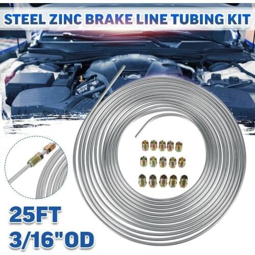 Zinc Steel Brake Line 25 Foot Tubing Kit 1/4 OD Coil Roll & 15Pcs Tube Fittings