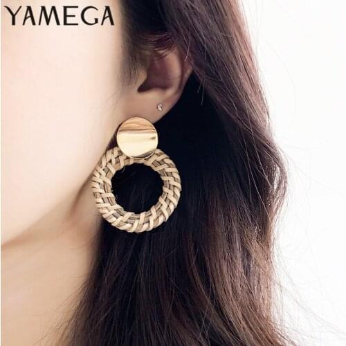 YAMEGA Handmade Korean Rattan Earrings Unique Wood Small Hoop Earrings Statement Gold Earring Studs Fashion Jewelry For Women