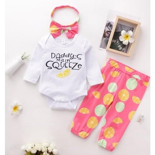 Newborn Baby Girl Clothes 3 Piece Suit Cotton Long Sleeve Letter Tops+lemon Print Trousers+bow Headband Baby Clothes Sets 0-24M