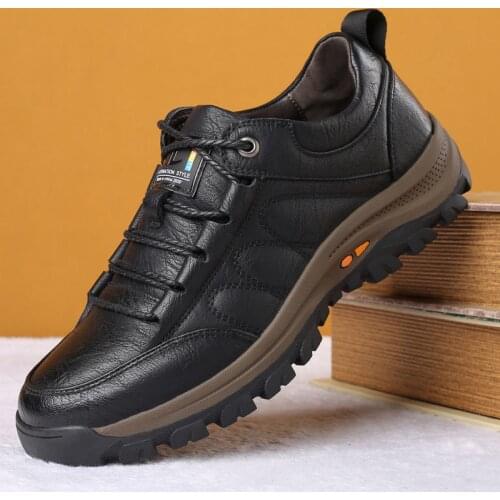 WEH Leather Men Casual Shoes winter Lace-up Platform Sneakers Travel Shoes Wear-resistant Shoes British Style Mens Sneaker Shoe