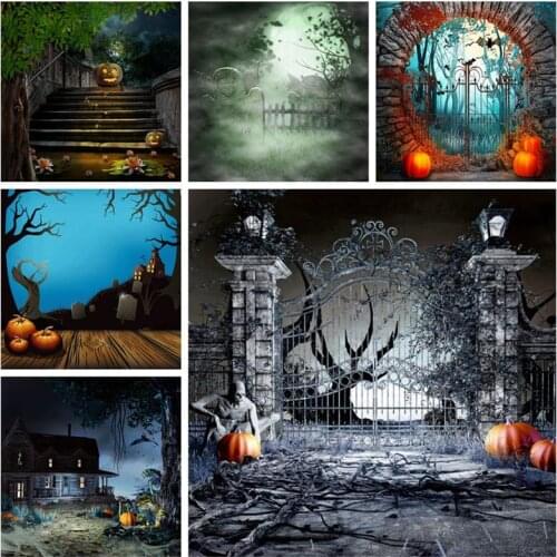 Laeacco Happy Halloween Party Photozone Castle Gate Ghost Pumpkin Light Photography Backgrounds Photo Backdrops For Photo Studio