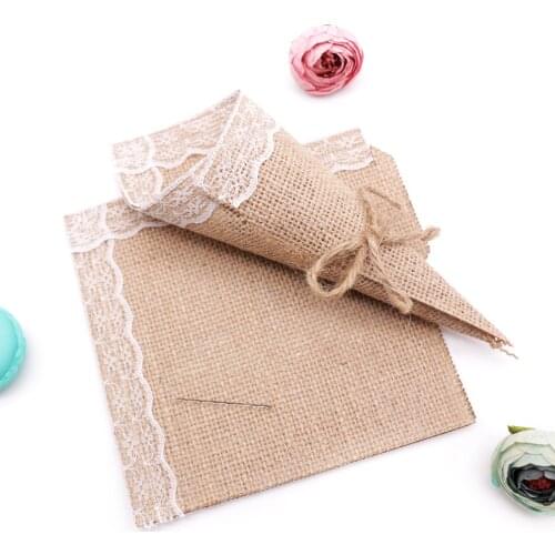 10pcs 15*15cm Burlap Lace Cones Bouquet Flower Wrapping Candy Bags Boxes DIY Handmade for Wedding Birthday Party Gifts Packing