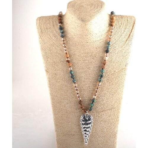 MD Fashion Bohemian Tribal Jewelry Multi Stone Beige Glass Long Knotted Silve Metal Heart Pendant Necklaces For Women Necklace