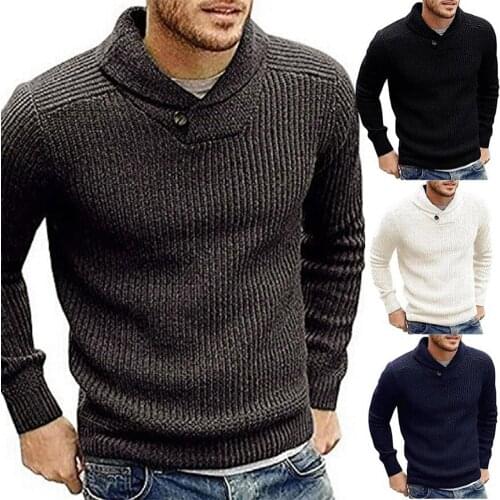 Men Autumn Winter Lapel Collar Long Sleeve Thick Warm Knitted Pullover Sweater Mens Slim Knitted Pullovers
