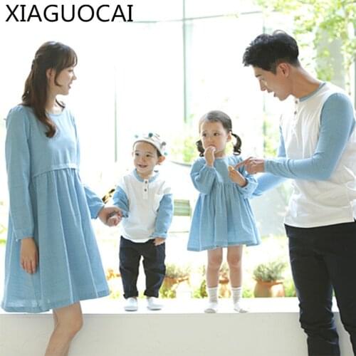 Family Matching Outfits Mother Daughter Blue Dresses Clothing Father Son Boys Long Sleeve T-shirt Family Vacation Clothes D4 10