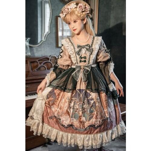 Autumn Lolita Lolita show Christmas Halloween sweet three-quarter sleeves printed green dress Bonnet hat two-piece suit