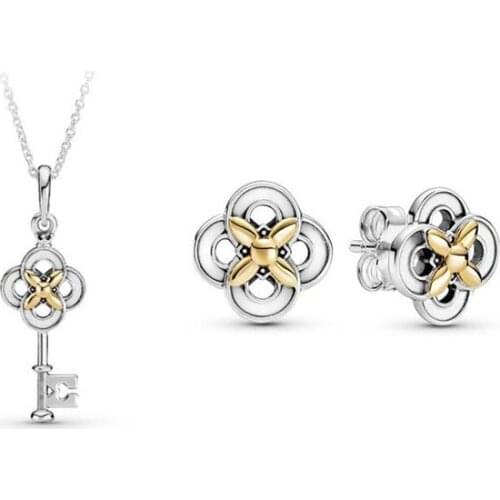 Necklace Two-tone Key & Flower Choker Necklaces Sterling Silver 925 Jewelry Women Collare Mujer Naszyjnik Colar Joyas