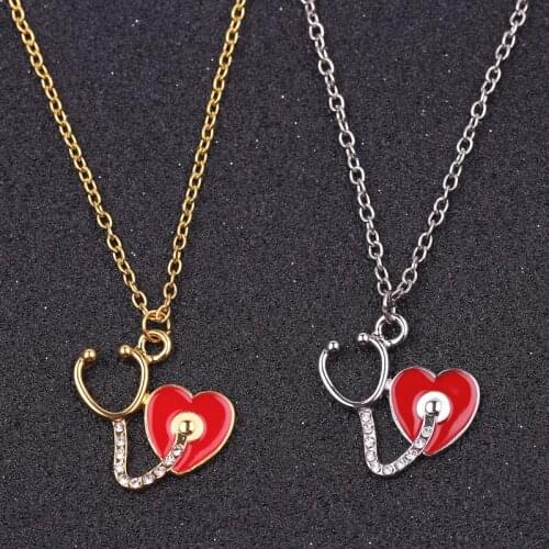 Heart Shape Stethoscope Enamel Crystal Pendant Necklace Medical Tool Jewelry Necklace for Doctor Nurse Medical Graduate Student