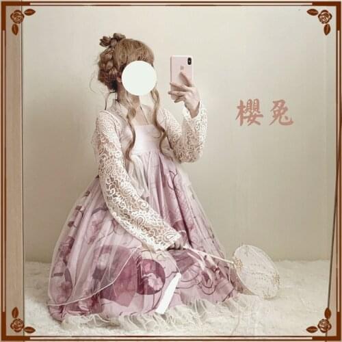 Sakura Rabbit& Moon Chinese Style Hanfu Ruqun Dress + Lace Shirt Lolita JSK Sleeveless Dress Tops Cute Fairy Kei Pink & Black