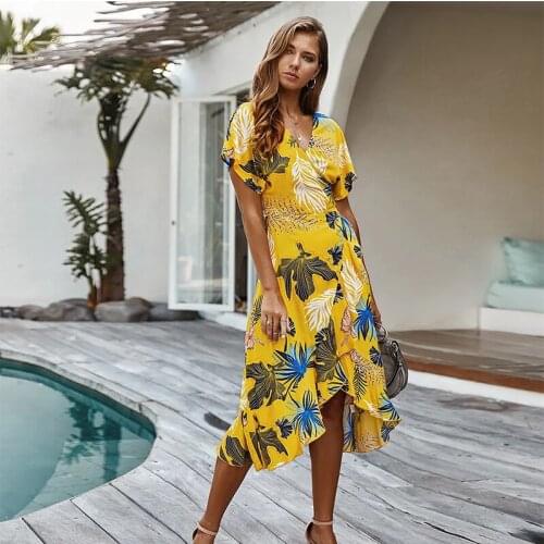 Medium Long Ladies Ruffles Sexy V Neck Floral Dress Women Asymmetrical Short Sleeve Print Vacation Style Spring Summer Dresses