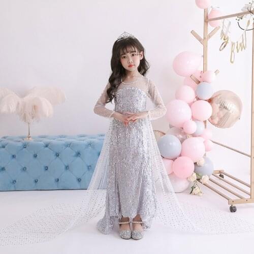 Girls Princess Cosplay Gown Party Dress Mesh Round Neck Long Sleeve Mesh Sequins Dress Show Costume