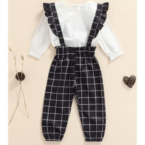 Girls Casual Two-piece Clothes Set, White Solid Color Pullover and Plaid Printed Pattern Suspender Pants Spring Autumn