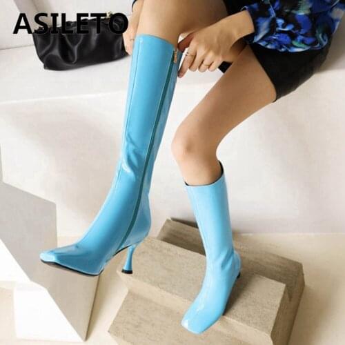 ASILETO Women Luxury Modern Knee High Boots Patent Leather Zipper Pointed Toe Stileeto Heel Ladies Party Plus Size 33-46 S2462