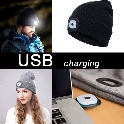 Mens Women Beanie Hat LED Light USB Rechargeable Battery Knitted Warm hat