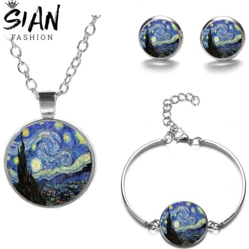 SIAN Van Gogh Starry Night Jewelry Sets Fashion Silver Color Art Painting 3D Print Glass Cabochon Earings Bracelet Necklace Set