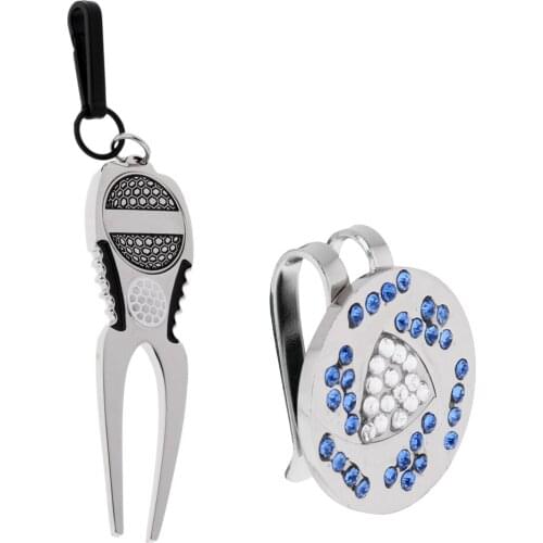 Alloy Rhinestone Golf Hat Clip and Magnetic Ball Marker + Golf Divot Tool