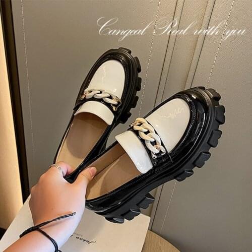 Mezereon Round Toe Platform Shoes Slip On Loafers Rubber Bottom Leather Women Shoe Vulcanized Creepers With Chains