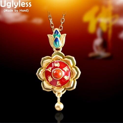 Uglyless Spinning Buddhism 8-petal Lotus Jewelry Sets for Women Enamel Floral Rings Earrings Pendants 925 Silver Agate Necklaces